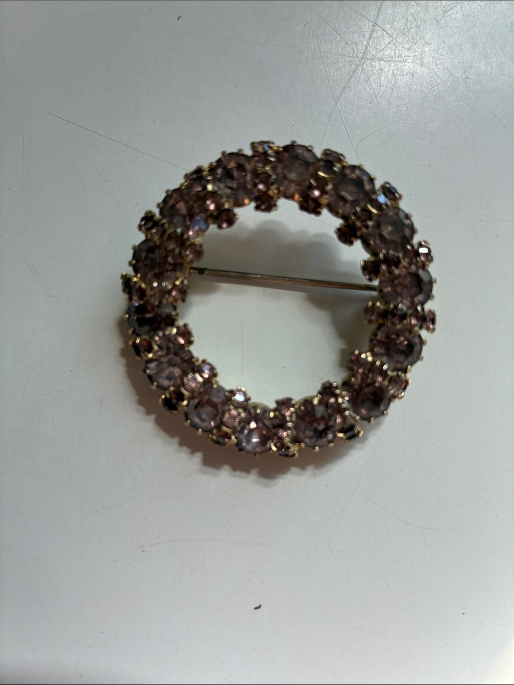 Albert Weiss Gold-Tone Pink Crystal Circle Brooch
